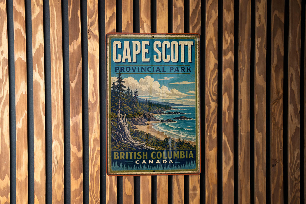 A vintage-style sign for Cape Scott Provincial Park in British Columbia, Canada, featuring a scenic landscape with a beach, mountains, and trees.
