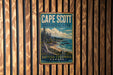 A vintage-style sign for Cape Scott Provincial Park in British Columbia, Canada, featuring a scenic landscape with a beach, mountains, and trees.