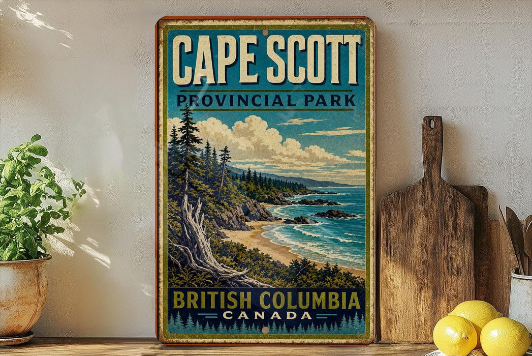 A vintage-style poster of Cape Scott, a coastal park in British Columbia, Canada, featuring a scenic landscape with a beach, mountains, and a body of water.