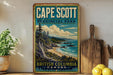 A vintage-style poster of Cape Scott, a coastal park in British Columbia, Canada, featuring a scenic landscape with a beach, mountains, and a body of water.