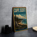 A vintage-style sign for Cape Scott Provincial Park in British Columbia, Canada, featuring a scenic landscape with a beach, mountains, and pine trees.