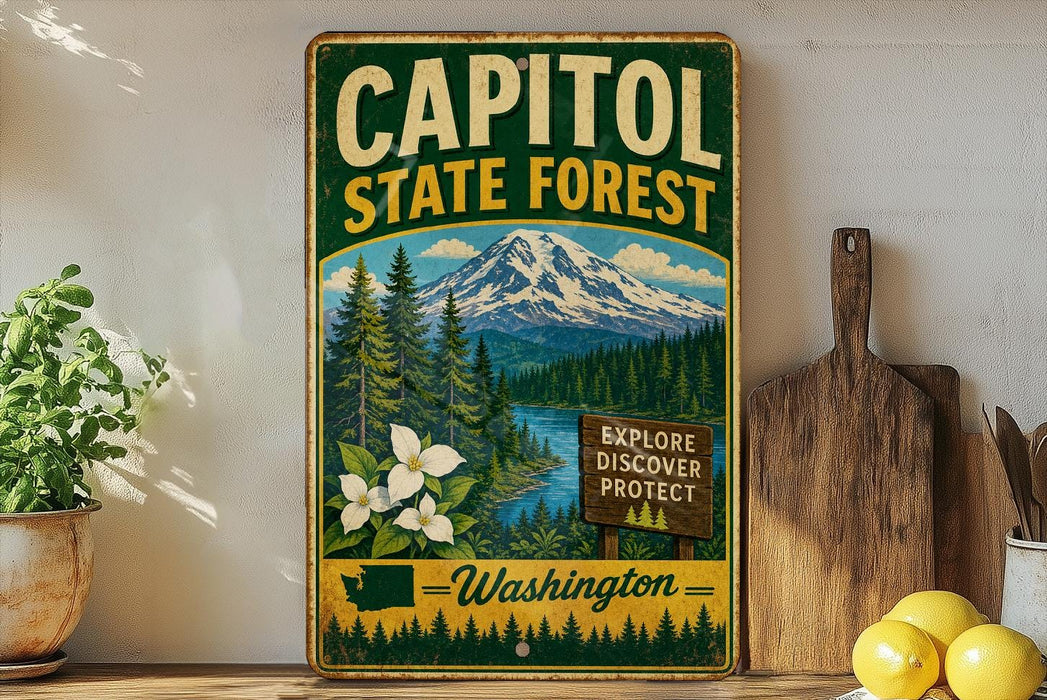 A vintage-style metal sign for Capitol State Forest in Washington, featuring a mountain landscape with pine trees and a river, along with a sign that says "Explore Discover Protect Washington".