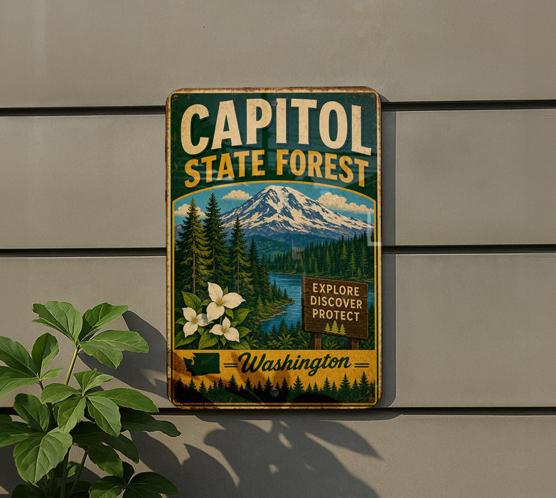A vintage-style metal sign for Capitol State Forest in Washington, featuring a mountain landscape with pine trees and white flowers.