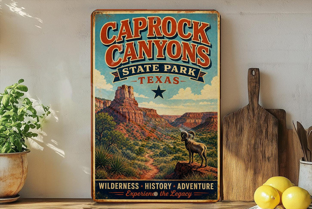 A vintage-style poster of Caprock Canyon, a famous landmark in Texas, is displayed on a wall next to a wooden cutting board and some potted plants.