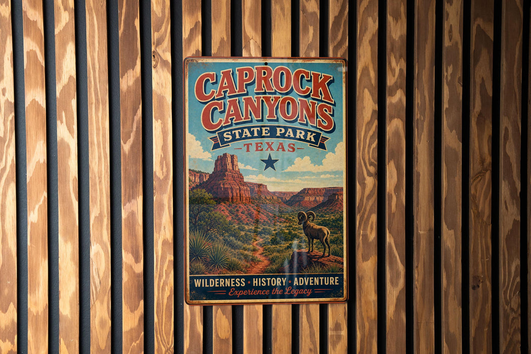 A vintage metal sign for Caprock Canyon State Park in Texas, featuring a desert landscape with a mountain and a ram.