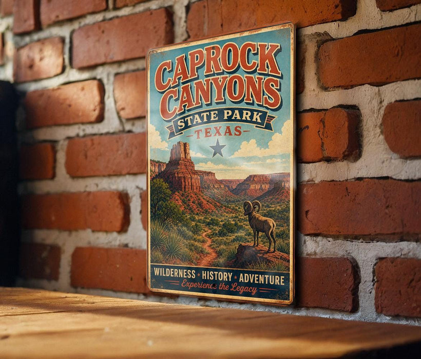 A vintage-style metal sign for Caprock Canyon State Park in Texas, featuring a desert landscape with a mountain and a ram.