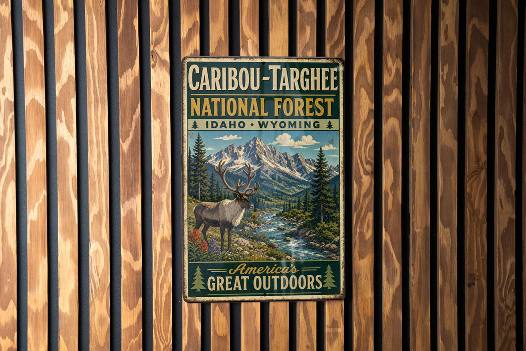 A vintage metal sign advertising the Caribbean-Targhee National Forest in Idaho, Wyoming, featuring a deer and a mountain landscape.