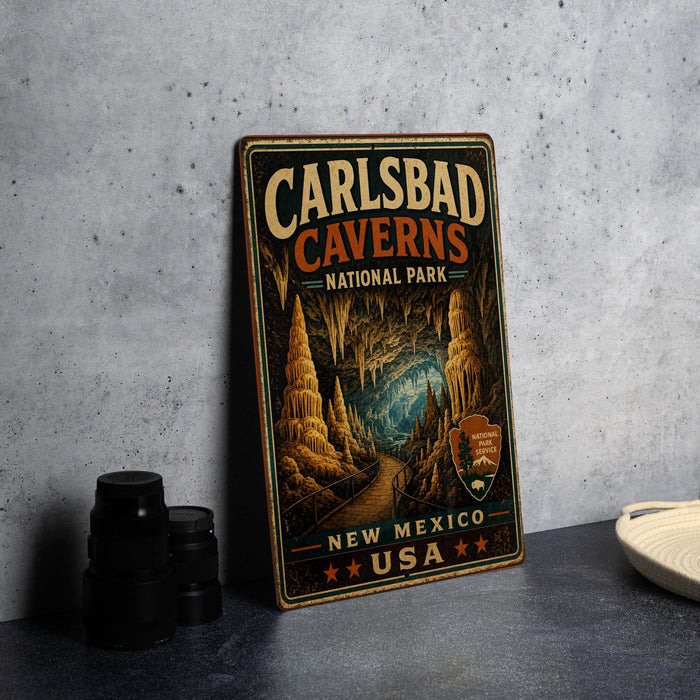 A vintage-style metal sign for Carlsbad Caves National Park, New Mexico, USA, featuring an illustration of the cave system.