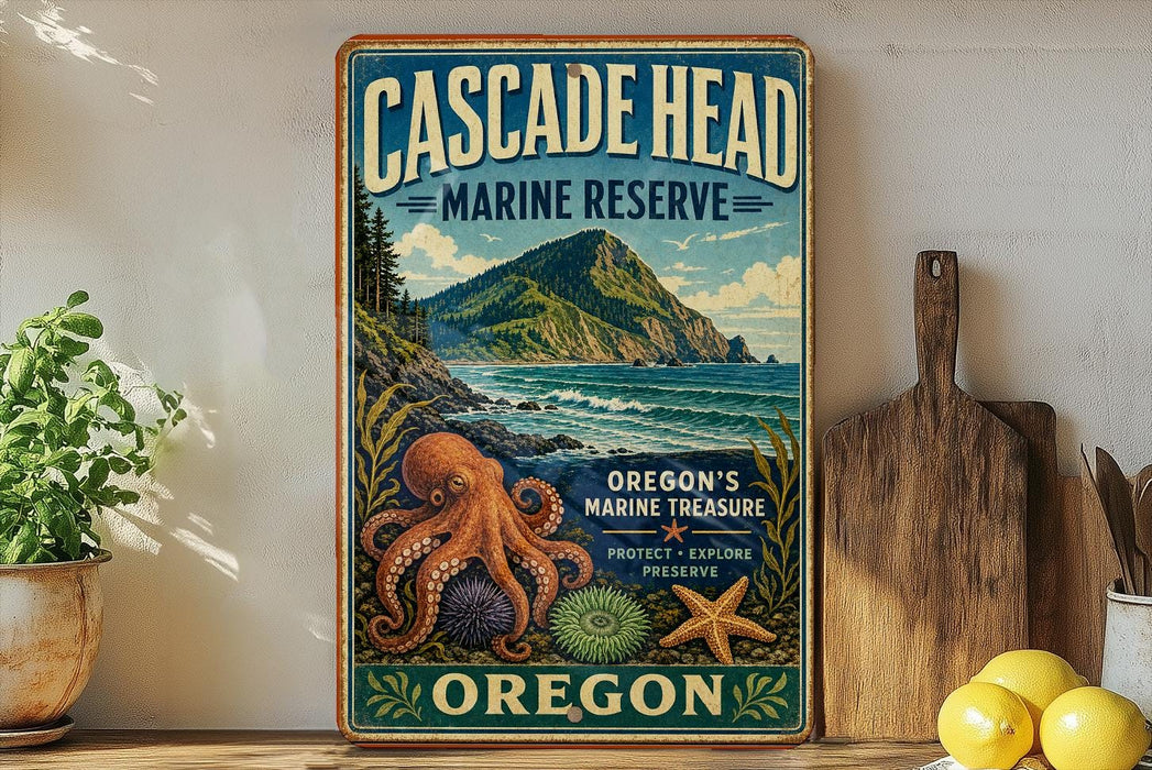 A vintage-style sign for the Cascade Head Marine Reserve in Oregon, featuring an illustration of a rocky coastline, an octopus, and a starfish.