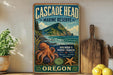 A vintage-style sign for the Cascade Head Marine Reserve in Oregon, featuring an illustration of a rocky coastline, an octopus, and a starfish.