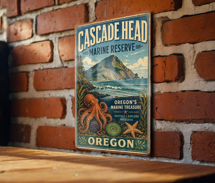 A vintage metal sign for the Cascade Head Marine Reserve in Oregon, featuring an illustration of a rocky coastline, an octopus, and a starfish.