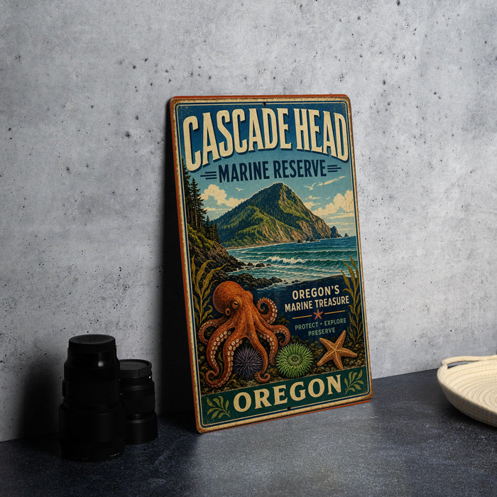 A vintage-style metal sign for the Cascade Head Marine Reserve, featuring an illustration of an octopus and a mountain landscape.
