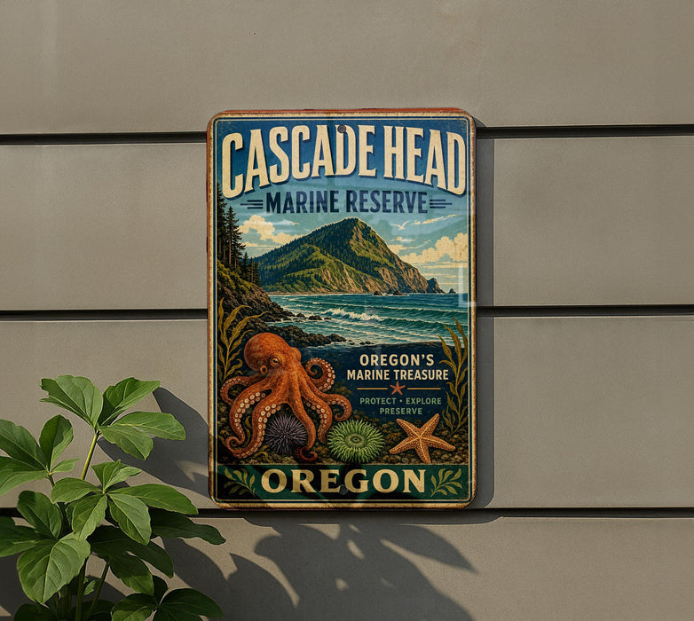 A vintage-style metal sign for the Cascade Head Marine Reserve in Oregon, featuring an illustration of an octopus, a mountain, and marine life.