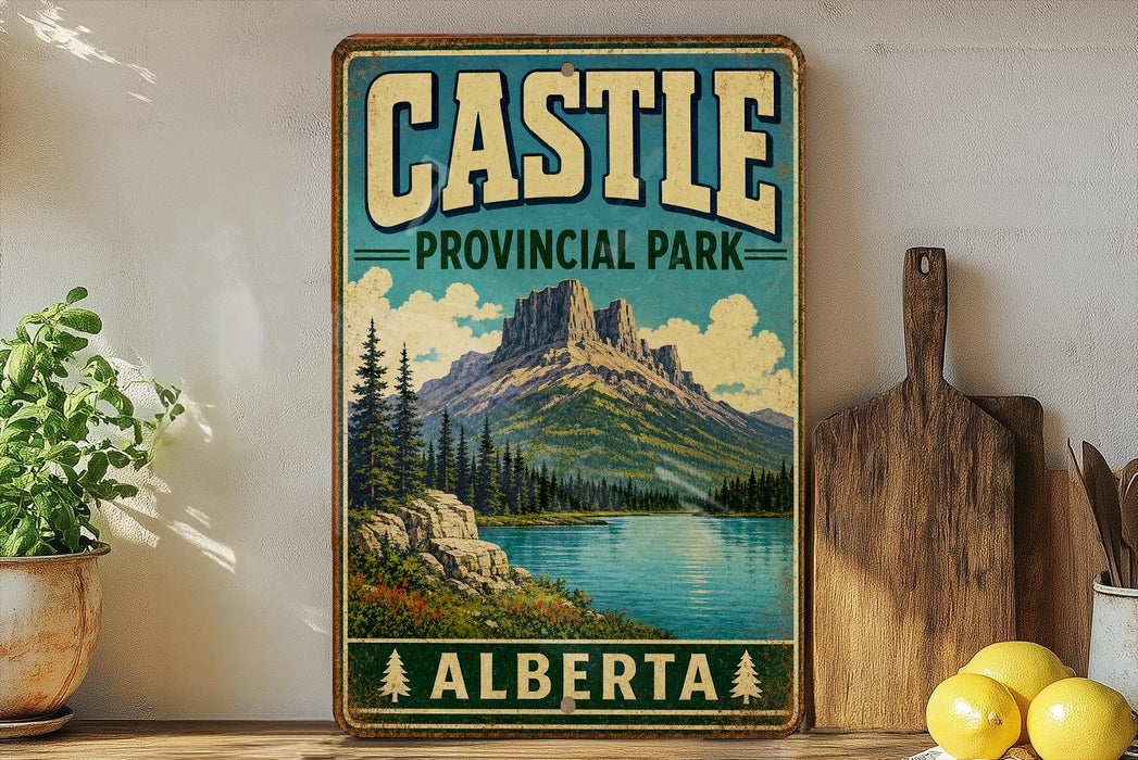 A vintage-style sign for Castle Provincial Park in Alberta, Canada, featuring a mountain landscape with a lake and pine trees.