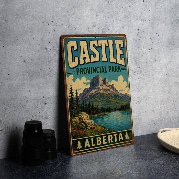 A vintage-style sign for Castle Provincial Park in Alberta, Canada, featuring a mountain landscape and a lake.