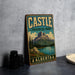 A vintage-style sign for Castle Provincial Park in Alberta, Canada, featuring a mountain landscape and a lake.