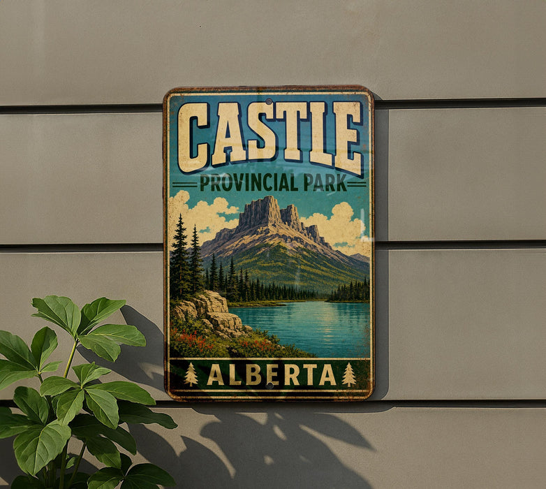 A vintage-style sign for Castle Provincial Park in Alberta, Canada, featuring a mountain landscape with a lake and pine trees.