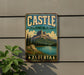 A vintage-style sign for Castle Provincial Park in Alberta, Canada, featuring a mountain landscape with a lake and pine trees.