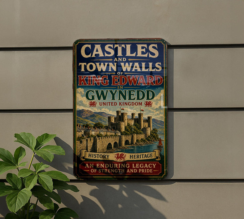 A metal sign on a wall that reads "CASTLES AND TOWN WALLS KING EDWARD GYNEDD UNITED KINGDOM" with a castle illustration below it.