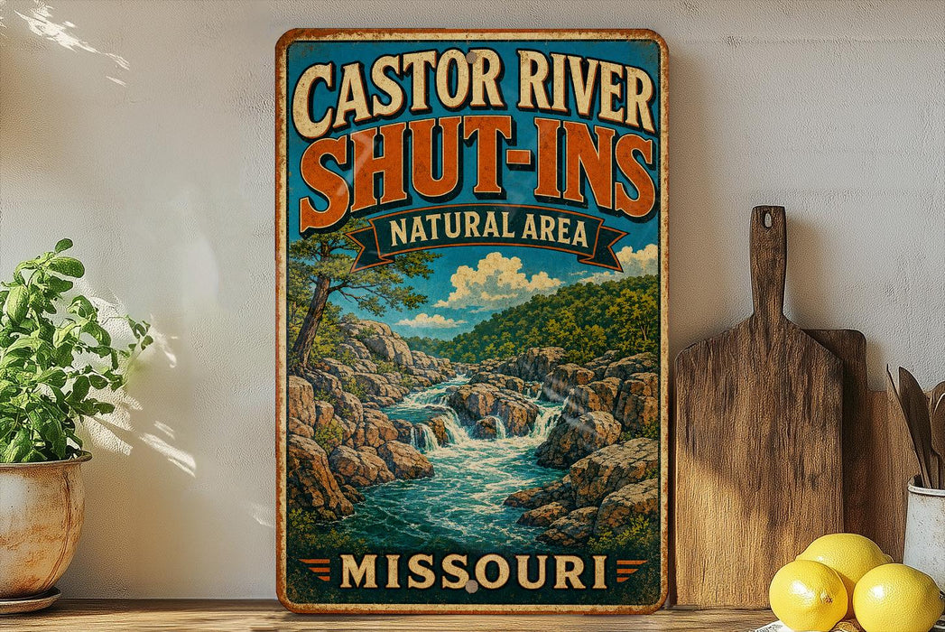 A vintage-style sign for the "Castor River Shut-ins Natural Area" in Missouri, featuring a scenic illustration of a waterfall and forest.