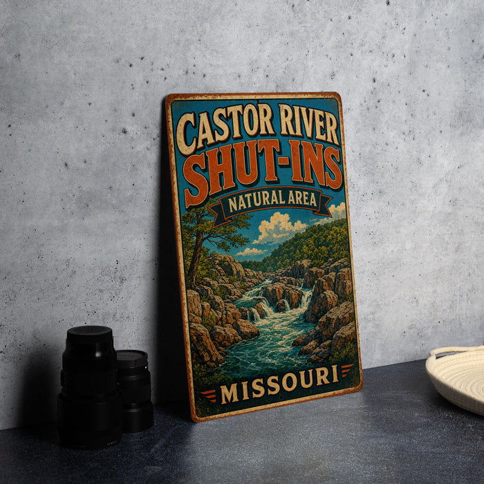 A vintage-style metal sign for the "Castor River Shut-Ins Natural Area" in Missouri, featuring a scenic illustration of a river and mountains.