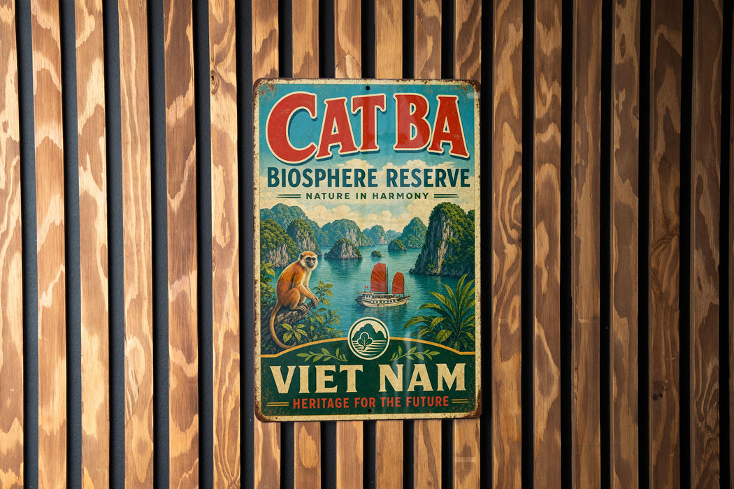 A vintage metal sign with the text "Cat Ba Bioscape Reserve Nature in Harmony" and "Viet Nam Heritage for the Future" is displayed on a wooden wall.