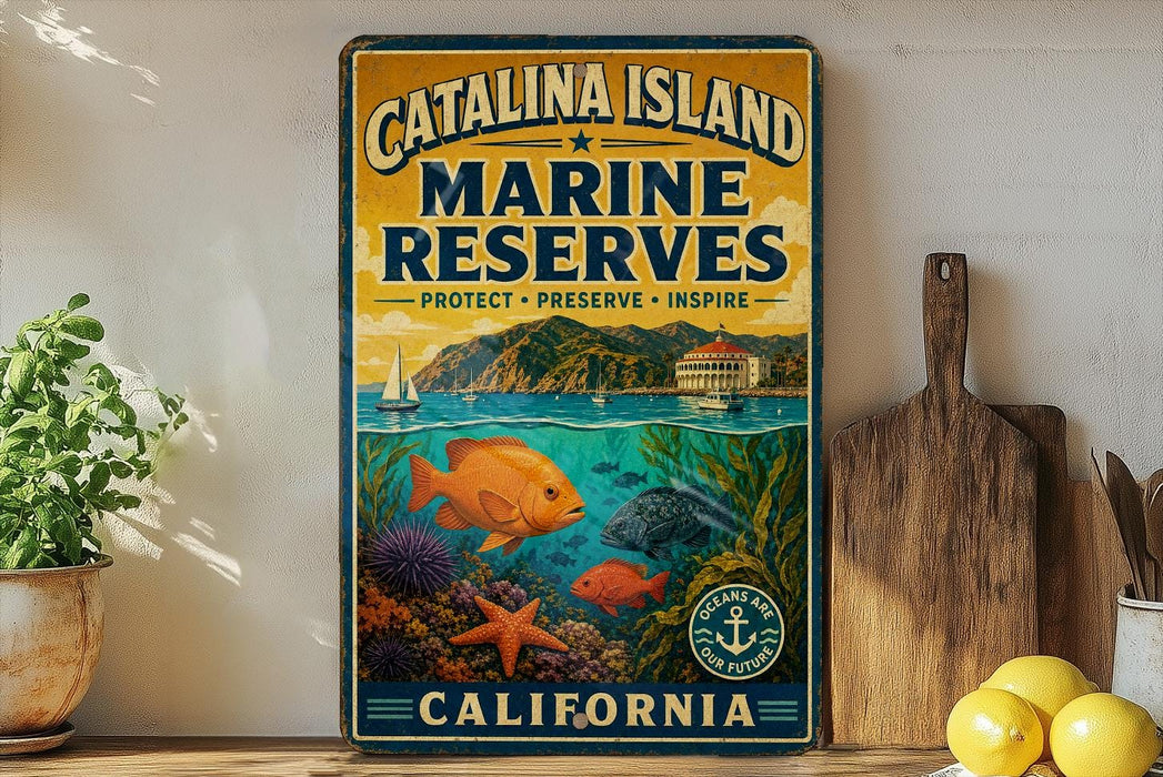A vintage-style metal sign for Catalina Island Marine Reserves, featuring illustrations of marine life and a scenic coastal landscape.