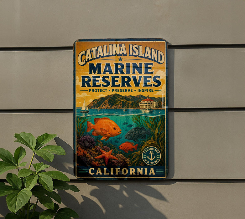 A vintage metal sign for Catalina Island Marine Reserves, featuring an illustration of underwater marine life and a coastal landscape.