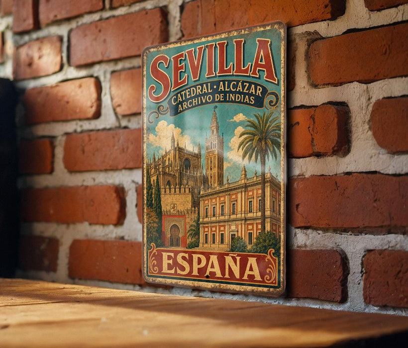 A vintage metal sign with the text "SEVILLA Catedral - Alcazar Archivo de Indias" and "ESPAÑA" is displayed on a brick wall.