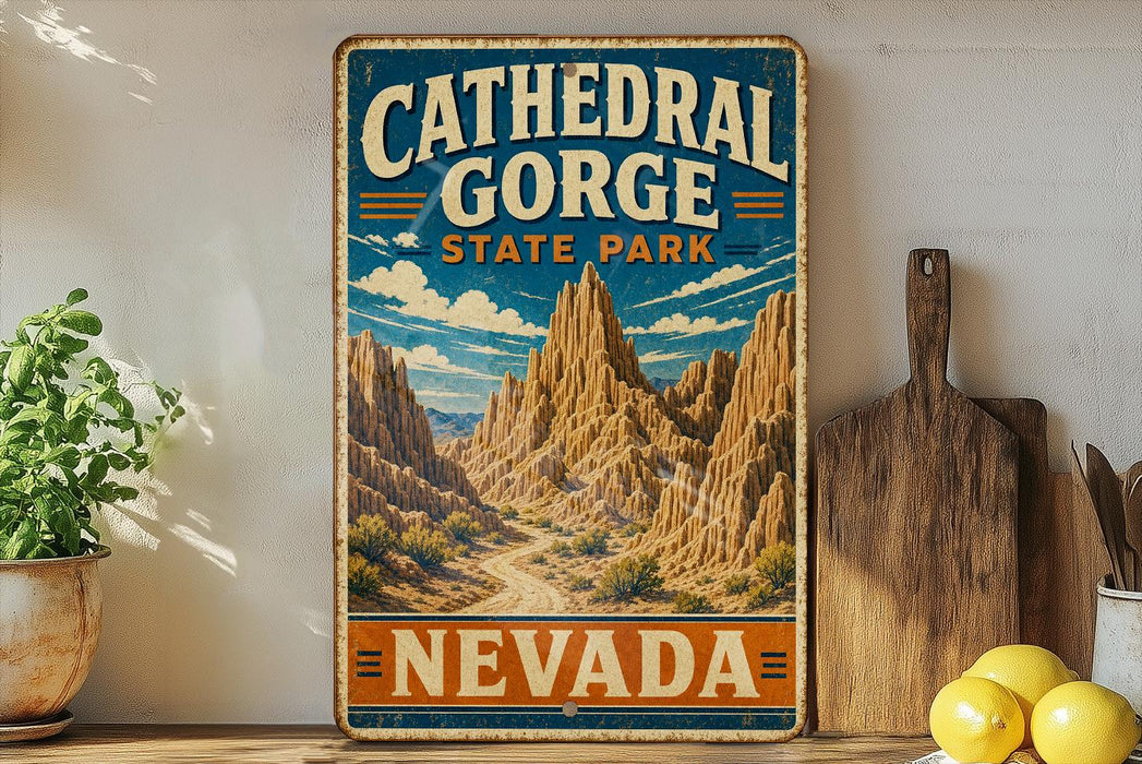 A vintage-style metal sign for Cathedral Gorge State Park in Nevada, featuring a scenic illustration of the canyon landscape.