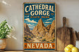 A vintage-style metal sign for Cathedral Gorge State Park in Nevada, featuring a scenic illustration of the canyon landscape.