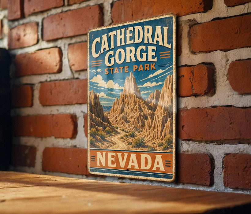 A vintage-style metal sign for Cathedral Gorge State Park in Nevada, featuring a mountain landscape and the text "Cathedral Gorge State Park" and " Nevada" on it.