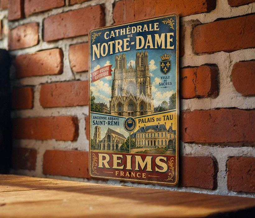 A vintage metal sign advertising the Cathedra de Notre-Dame in Paris, France, featuring images of the cathedral and surrounding buildings.