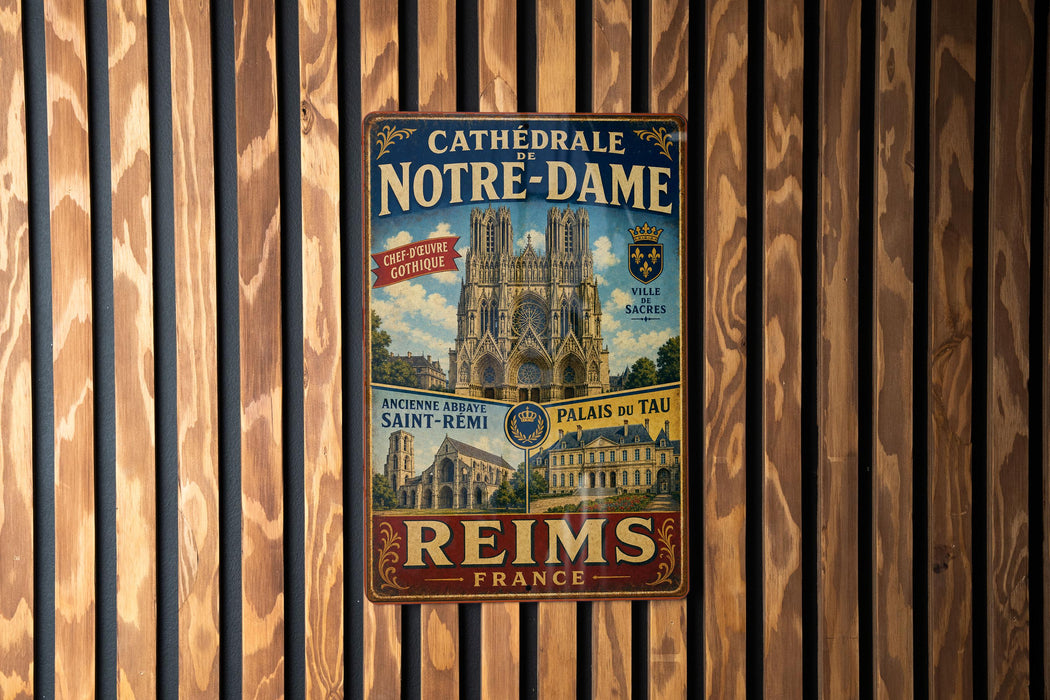 A vintage metal sign featuring the Notre-Dame Cathedral in Paris, France, with text and images of the cathedral and surrounding area.