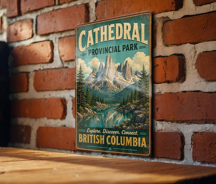 A vintage-style metal sign for Cathedral Provincial Park in British Columbia, featuring a scenic mountain landscape.
