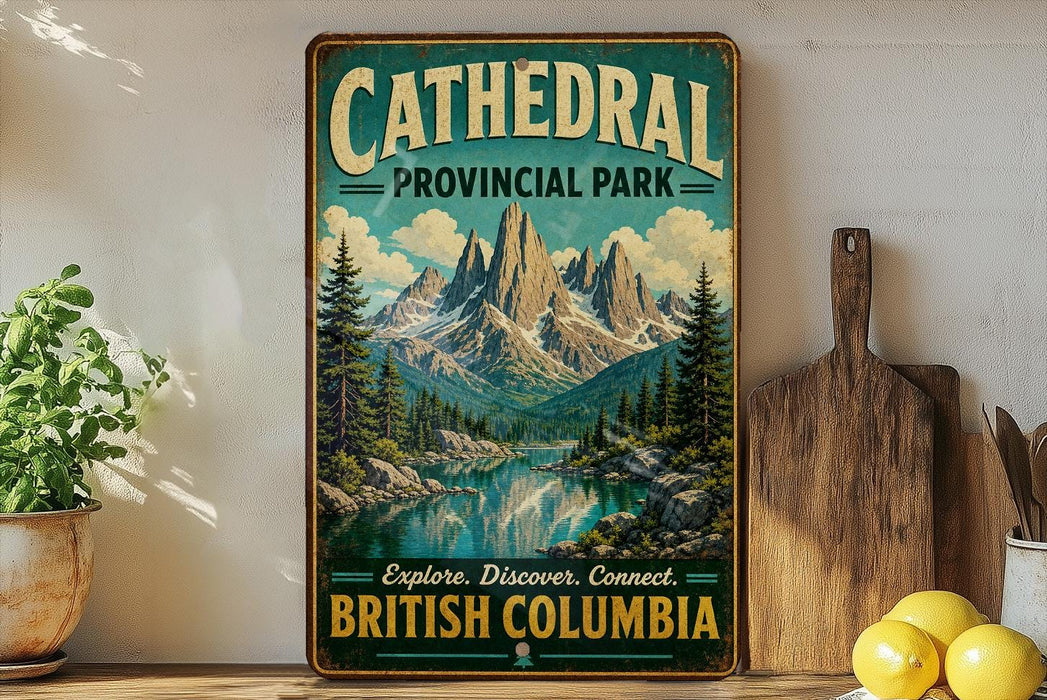 A vintage-style sign for Cathedral Provincial Park in British Columbia, featuring a scenic mountain landscape with a lake and pine trees.