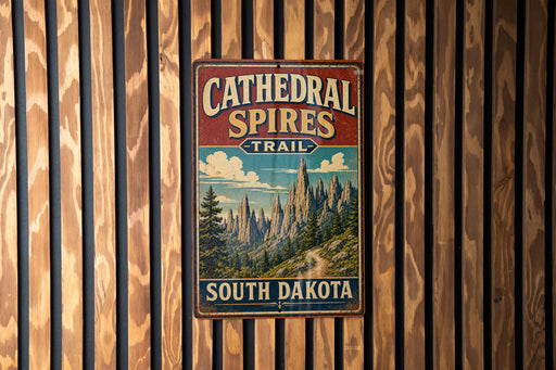 A vintage metal sign for the Cathedral Spires Trail in South Dakota is displayed on a wooden wall.