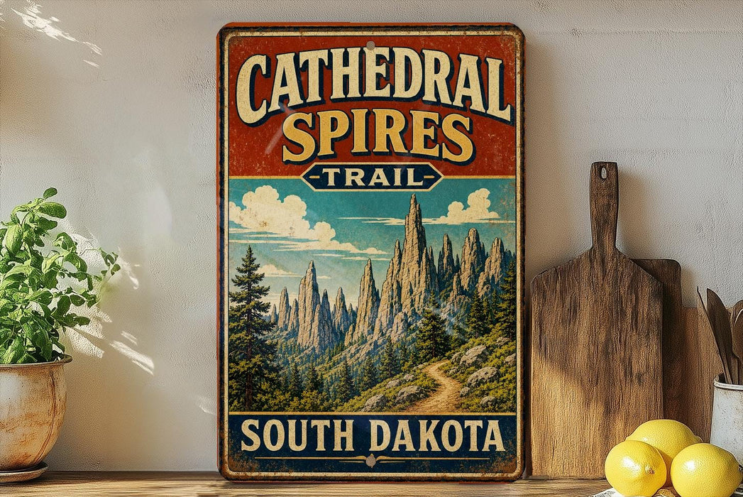 A vintage-style sign for the Cathedral Spires Trail in South Dakota, featuring a scenic mountain landscape.