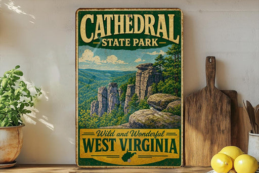 A vintage-style poster of Cathedral State Park in West Virginia, featuring a scenic landscape with towering cliffs and lush greenery.