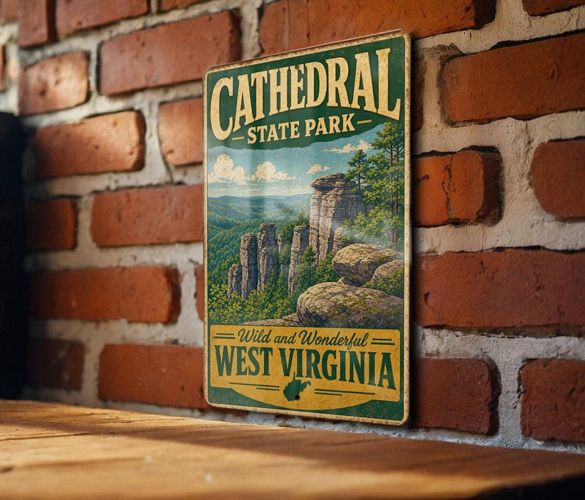 A vintage metal sign for Cathedral State Park in West Virginia, featuring a scenic illustration of the park's rock formations and landscape.