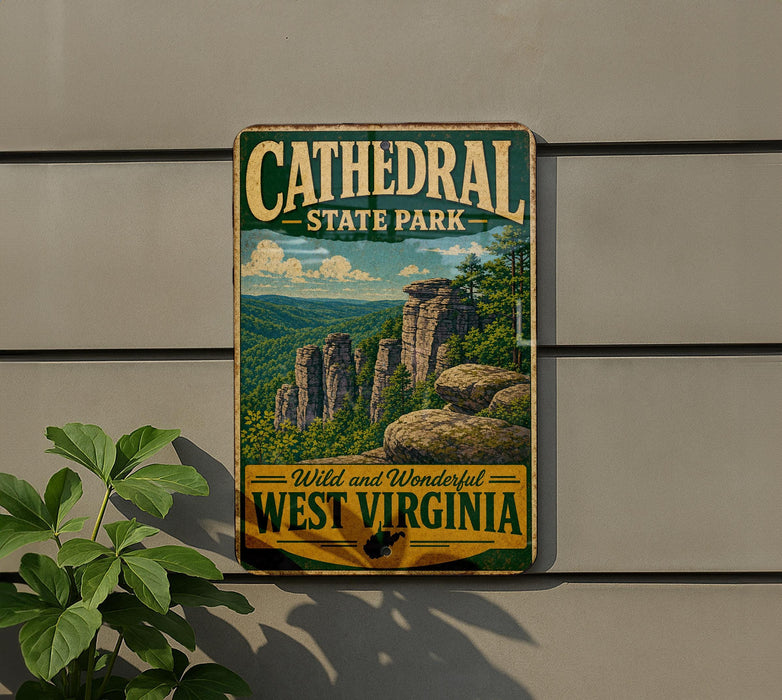A vintage-style sign for Cathedral State Park in West Virginia, featuring a scenic mountain landscape with rocky cliffs and lush vegetation.