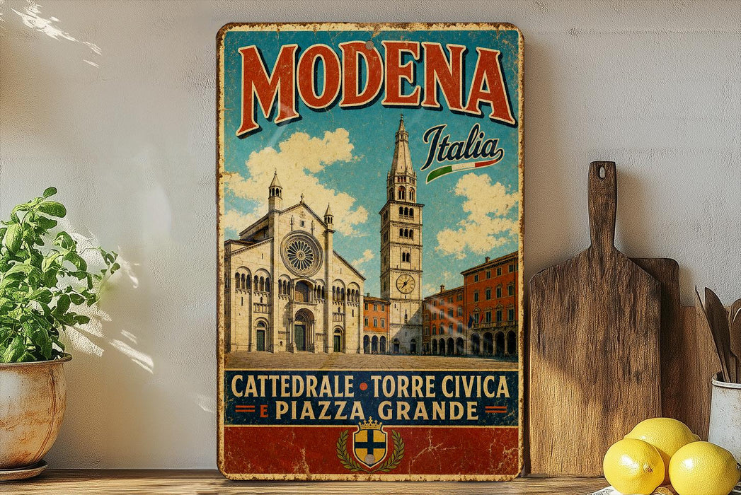 A vintage-style metal sign with the text "MODENA Italia" and an illustration of a church and a clock tower, placed on a shelf next to a wooden cutting board and some lemons.