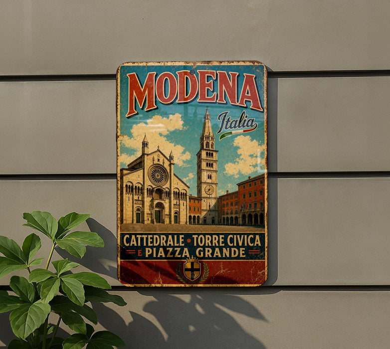 A vintage metal sign with the text "MODENA Italia" and an illustration of a church and buildings, mounted on a wall.