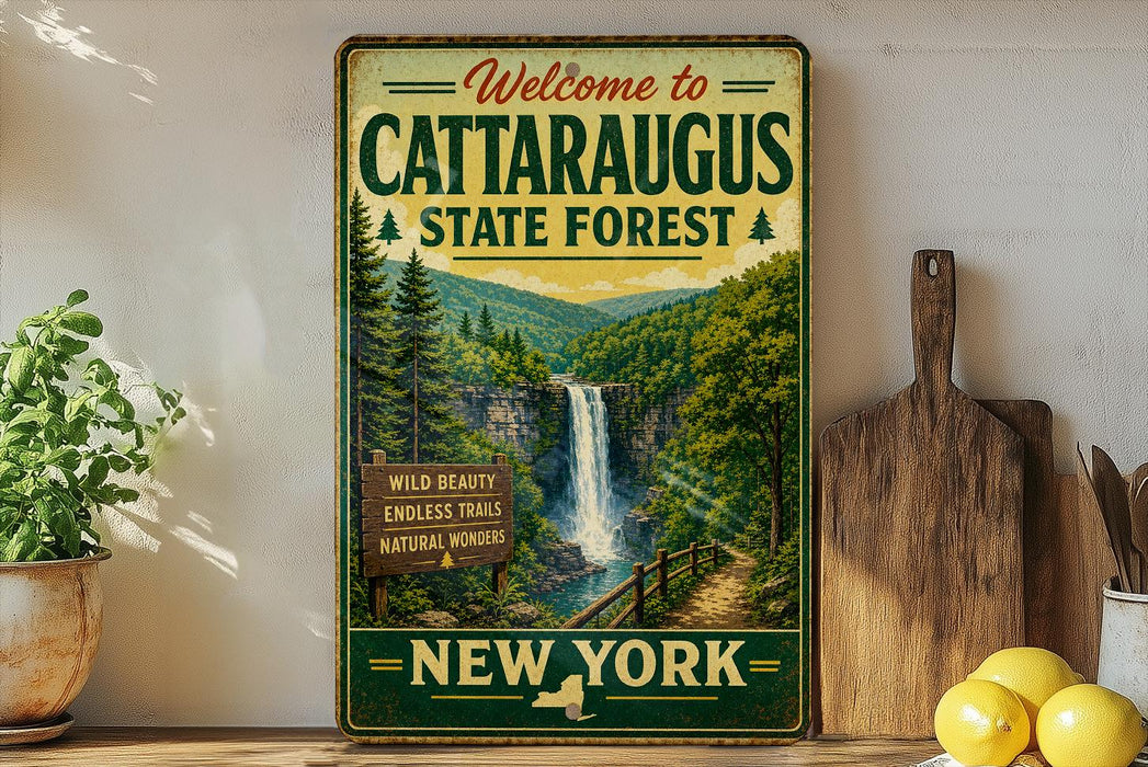 A vintage-style metal sign welcoming visitors to the Cataraeus State Forest in New York, featuring a scenic image of a waterfall surrounded by lush greenery.