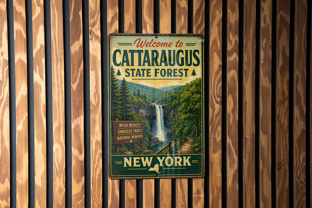 A vintage metal sign welcoming visitors to the Catarauges State Forest in New York.