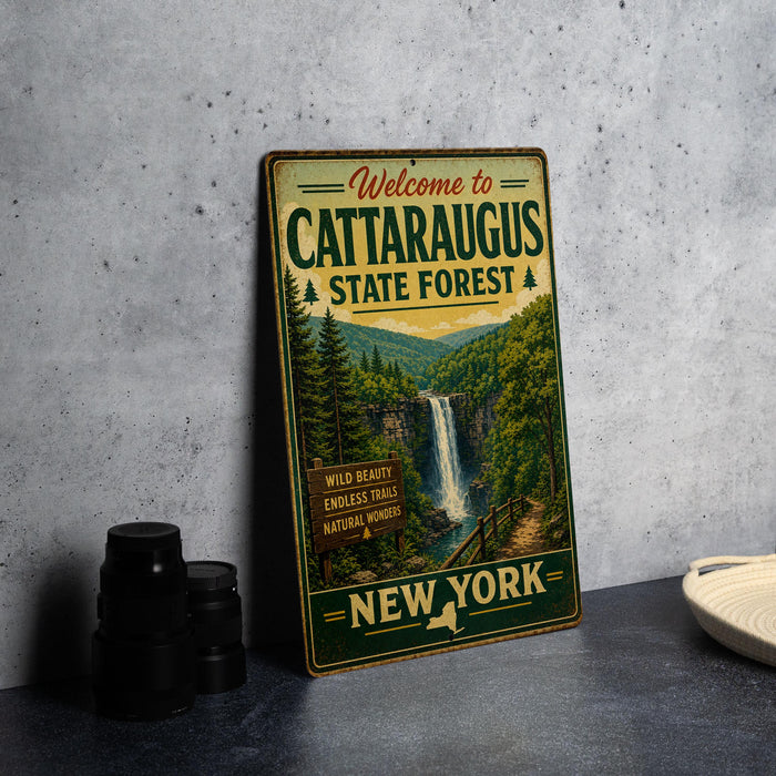 A vintage-style metal sign welcoming visitors to the Cataraugus State Forest in New York, featuring a scenic image of a waterfall surrounded by lush greenery.