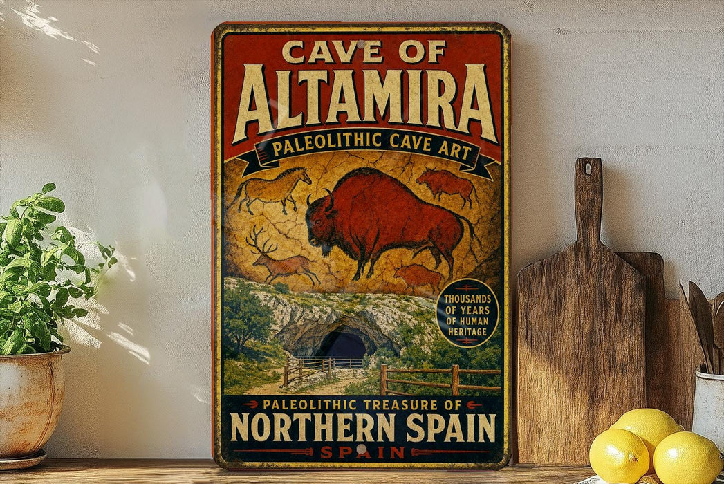 a vintage-style sign for the Cave of Altamira, a paleolithic cave art located in Northern Spain.