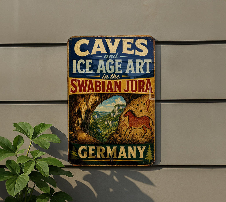a vintage-style sign that reads "CAVES and ICE AGE ART in the SWABIAN JURA GERMANY" with an illustration of a cave and a horse.