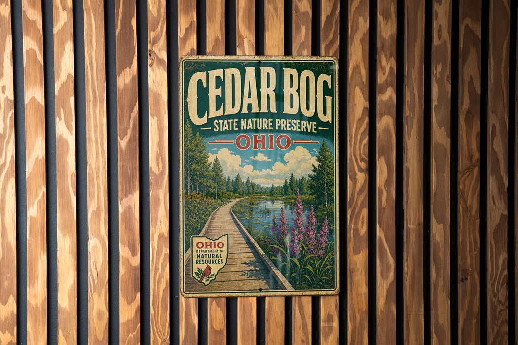 A vintage-style sign for Cedar Bog State Nature Preserve in Ohio, featuring a scenic image of a wooden boardwalk leading to a lake surrounded by trees and flowers.