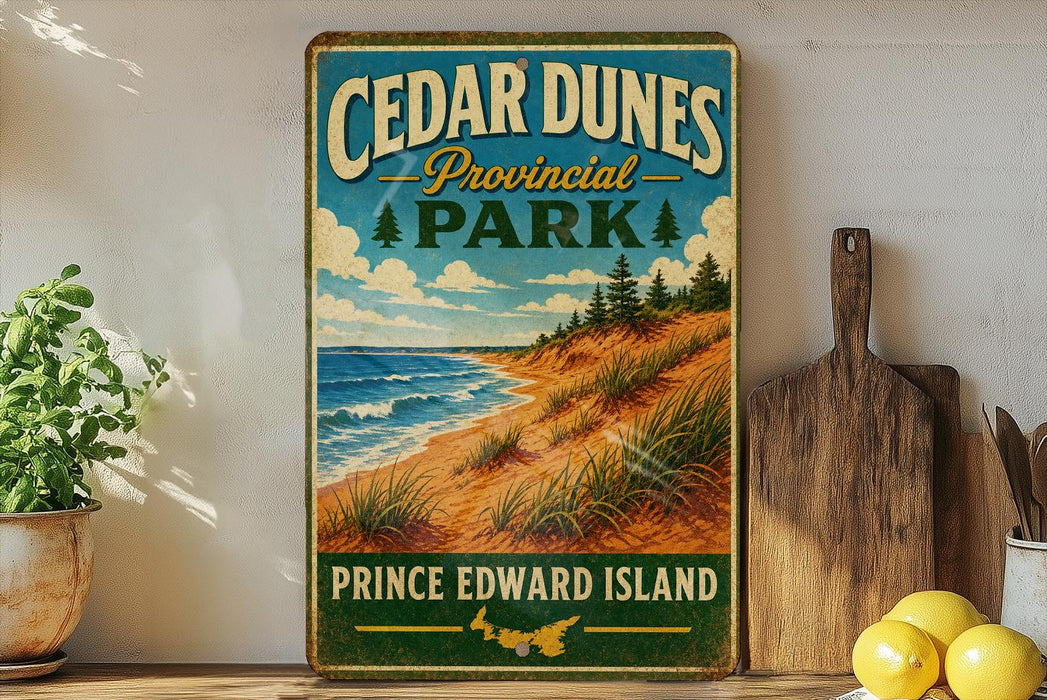 A vintage-style sign for Cedar Dunes Provincial Park, featuring a beach landscape with pine trees and a blue sky with clouds.